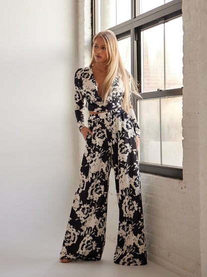 ELSSIME Spring 2024 new Long-Sleeved deep V color Printed two piece set