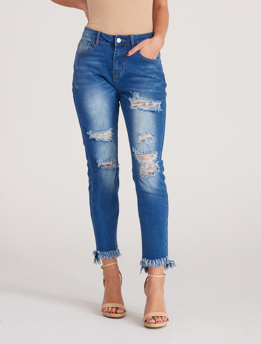 ELSSIME Women's High Waisted Super Stretchy Fringe Hem Crop Jeans