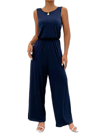 Round Neck Sleeveless Jumpsuit Wide-Leg Long Pants Jumpsuit with Pockets H5ET7QWFVB