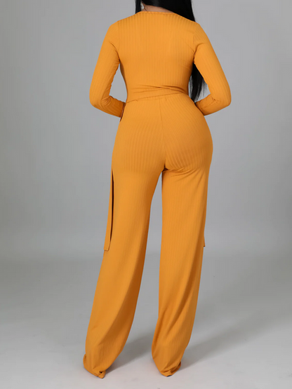 Women's Solid 2-piece Set V-neck Asymmetric Hem Top Long Pants HP4YE3TSQQ