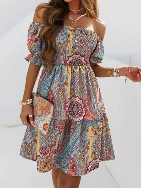 Printed Off the Shoulder Ruffle Pleated Dress HWUDKUPMLN