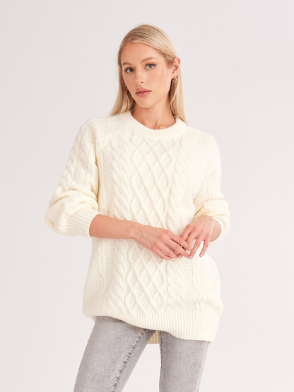 ELSSIME Oversized Crewneck Cable Knit Sweater Dress