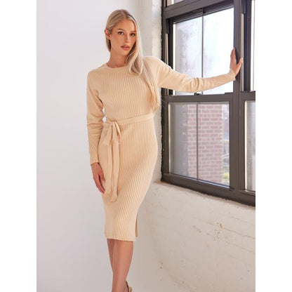 ELSSIME Ribbed Knitted Side Slit Dress with Waist Tie