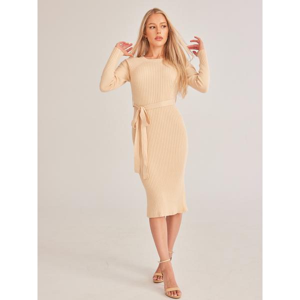 ELSSIME Ribbed Knitted Side Slit Dress with Waist Tie