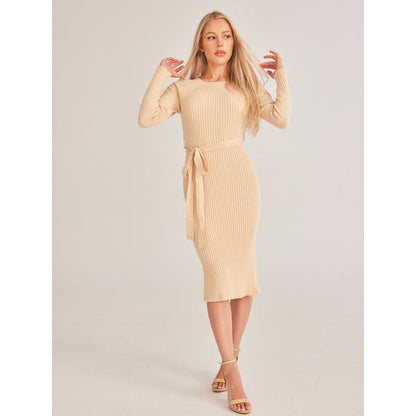 ELSSIME Ribbed Knitted Side Slit Dress with Waist Tie