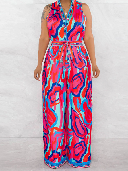 Printed sleeveless casual V-neck wide leg jumpsuit HW5SUAN5B4