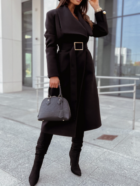 Simple Long Sleeve Buttons V-Neck Belted Coat HFHW958EB3