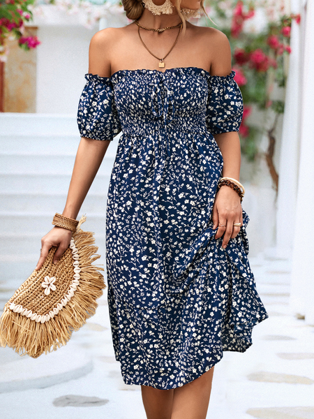 Off-shoulder Bohemian style print dress HWFSV6UTDA