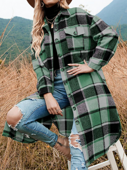 Side Split Lapels Loose Plaid Shirt HFLWXLNHV7