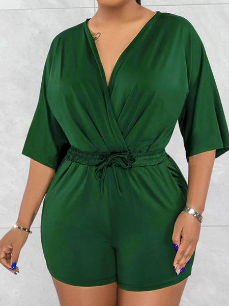 Pure Color V-Neck Gathered Waist Jumpsuit HWF57YRXM7