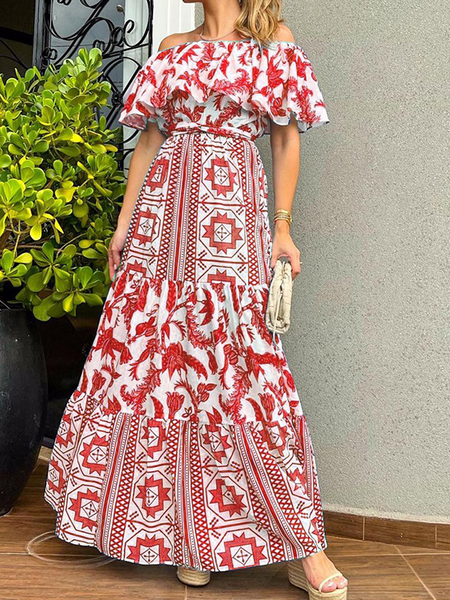 One-Line Collar High-Rise Bohemian Print Dress HFLBP6THDD