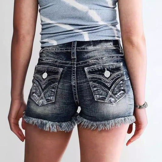 Retro Fleece Embroidered Denim Shorts HEHEZCHKEC