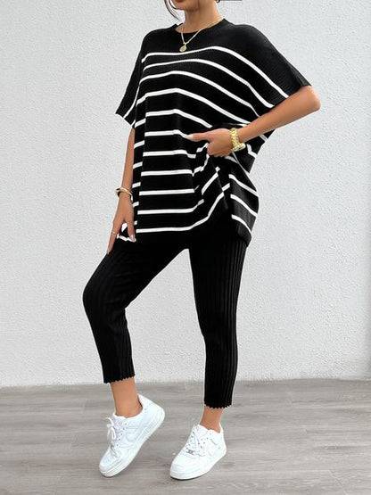 Women's Comfy Set Striped Pattern Batwing Sleeve Crew Neck Knit Top with Pants H8ZM6PXZW9