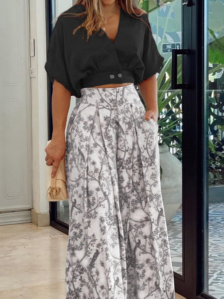 V-Neck Cropped Top And Printed Wide-Leg Pants 2-Piece Set H9V36ARHNN