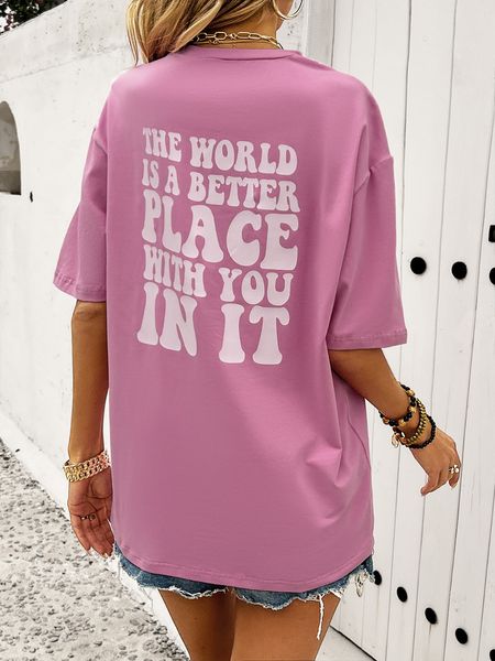 Women's Letter Print Round Neck Solid Short Sleeve T-shirt H8R7YBF9Y8