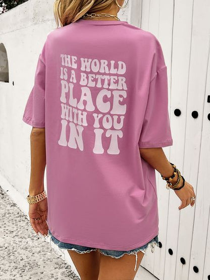 Women's Letter Print Round Neck Solid Short Sleeve T-shirt H8R7YBF9Y8