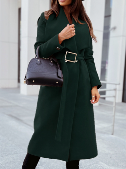 Simple Long Sleeve Buttons V-Neck Belted Coat HFHW958EB3