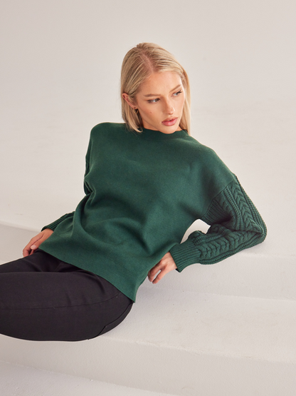 ELSSIME Long Sleeve Crewneck Cable Knit Pullover Sweater