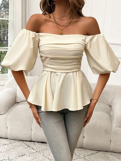 Solid Color Off-Shoulder Ruffle Hem Puff Sleeve Short Top H59TB44TMX